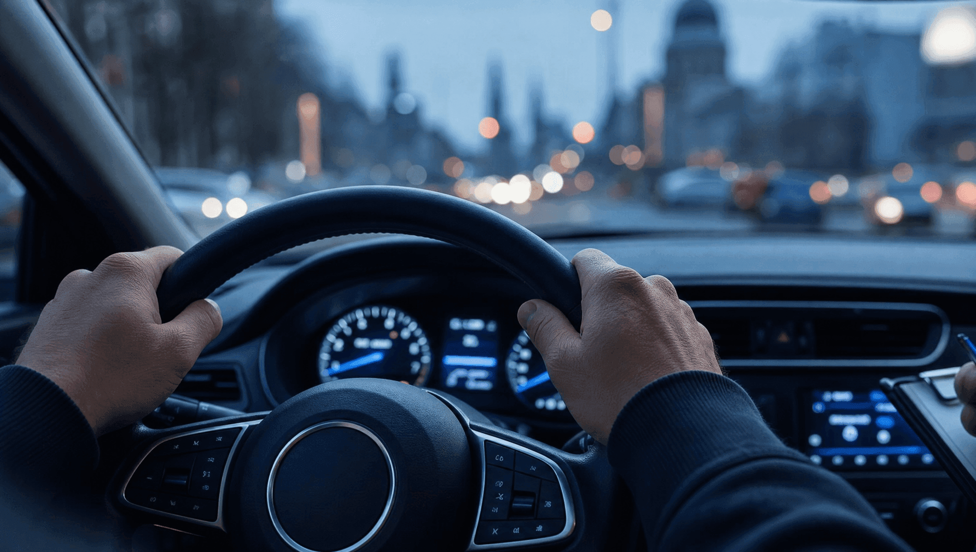 Straßenverkehr bei Nacht aus der Fahrzeugperspektive, Symbolbild für die Berufskraftfahrer-Qualifizierung bei Mare Verkehrsbildung