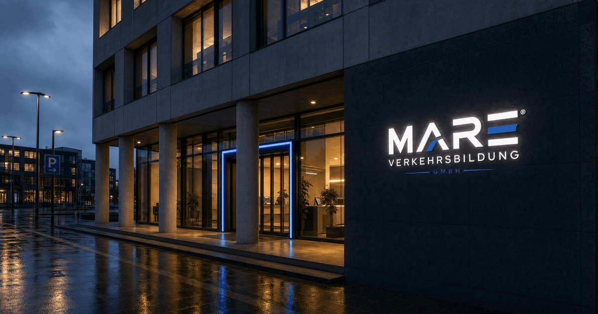 Mare Verkehrsbildung, Gebäude in Berlin-Neukölln bei blauer Stunde